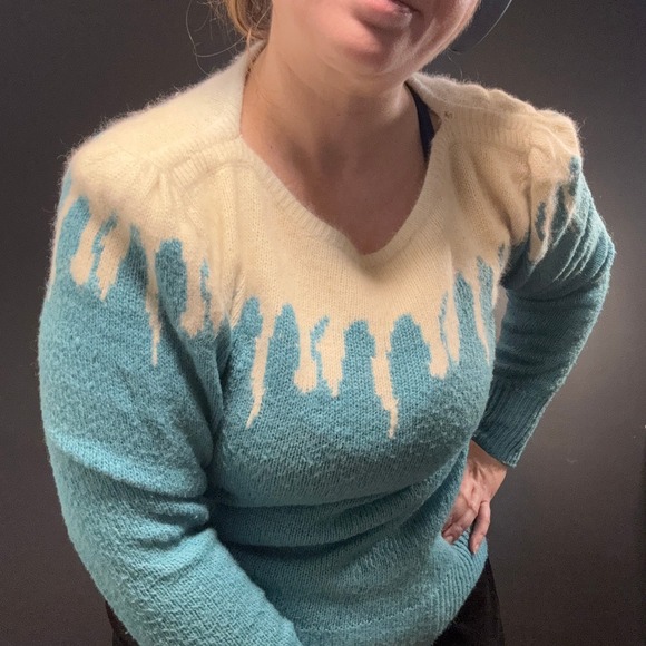Vtg 80s Mohair Wool Icicle Knit Sweater Turquoise Ice Cream Maximalist Large Fun - Picture 3 of 11
